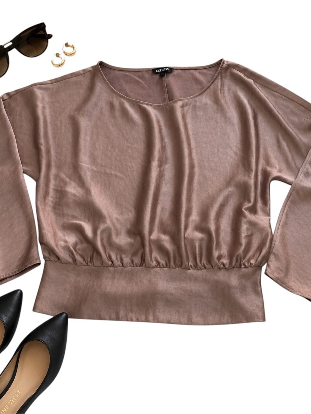 Express Satin Blouse Womens L Dusty Rose Dolman Sleeve Smocked Waist Party Top